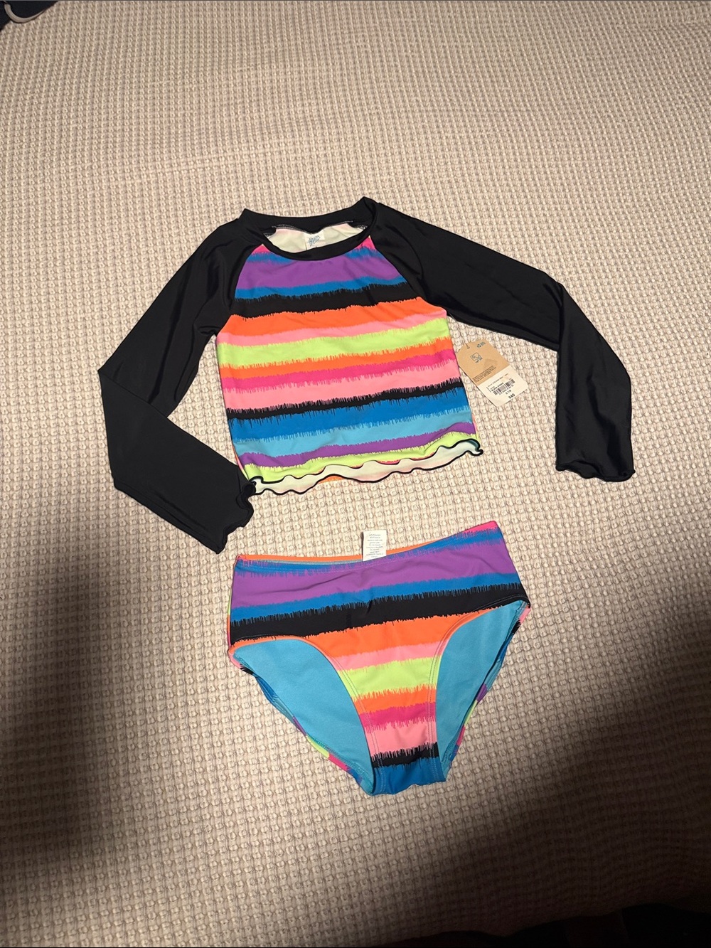 There abouts girls Black-Sleeve Rainbow Stripe Long-Sleeve Rash Guard Set 2 pcs